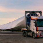 Special transport of blades for wind turbines, truck transporting a wind turbine blade that due to its large size requires a special adapted semi-trailer.