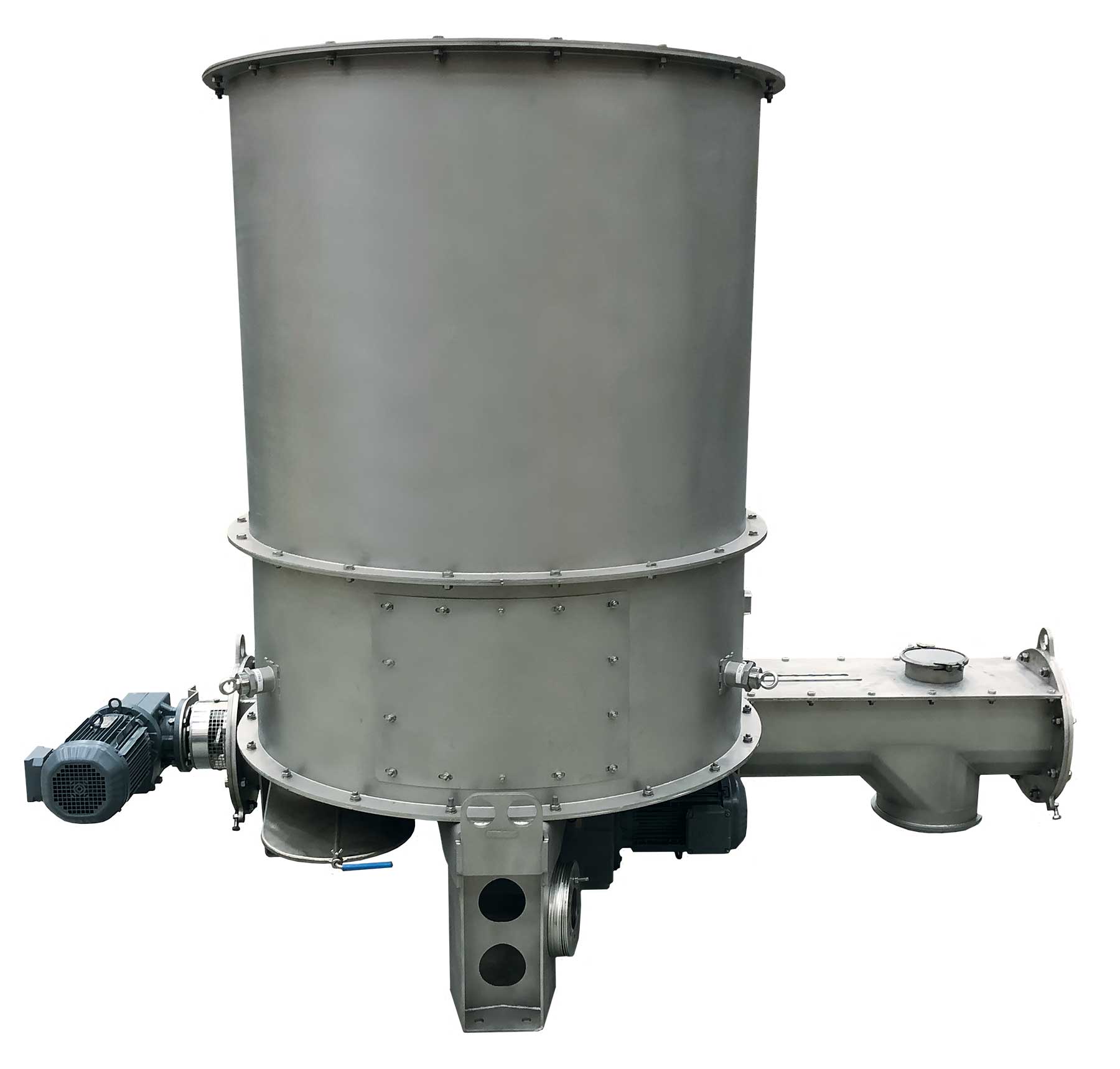 Industrial Mechatron FB feeder from Coperion with large cylindrical hopper and side drive, isolated on white background.