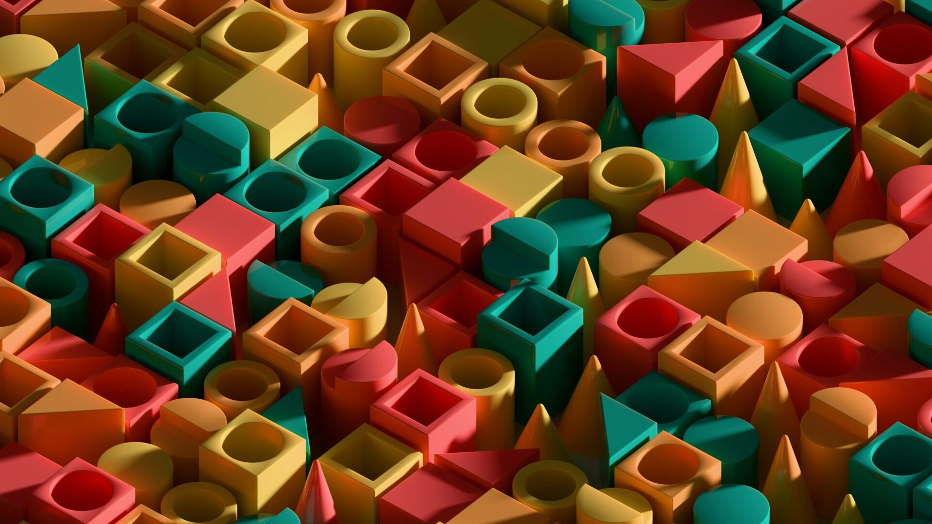 Close-up view of colorful plastic shapes symbolizing different polymer types