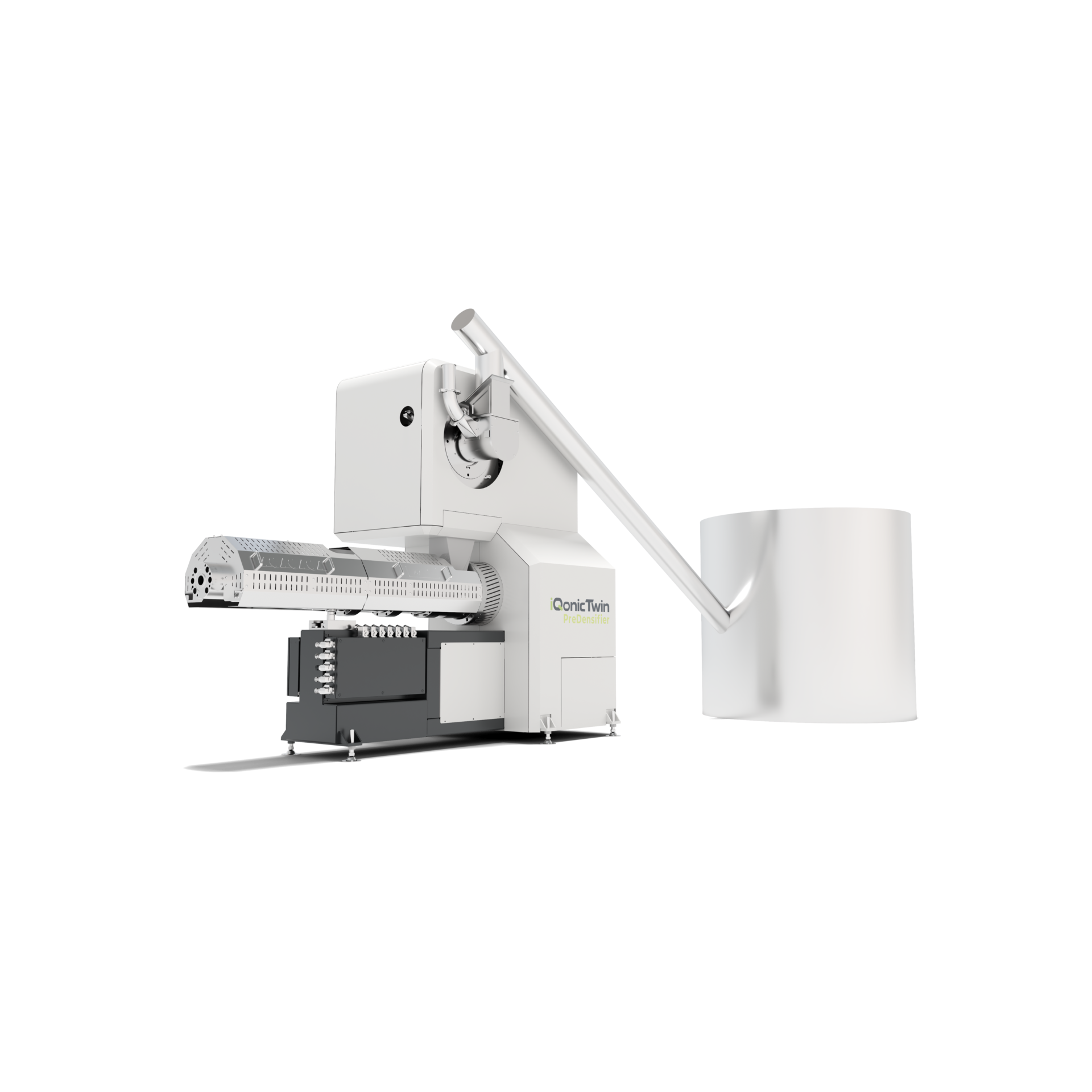 Iqonic Twin Predensifier machine by MAS and Siempelkamp, white industrial equipment for film and light material recycling, isolated on black background.