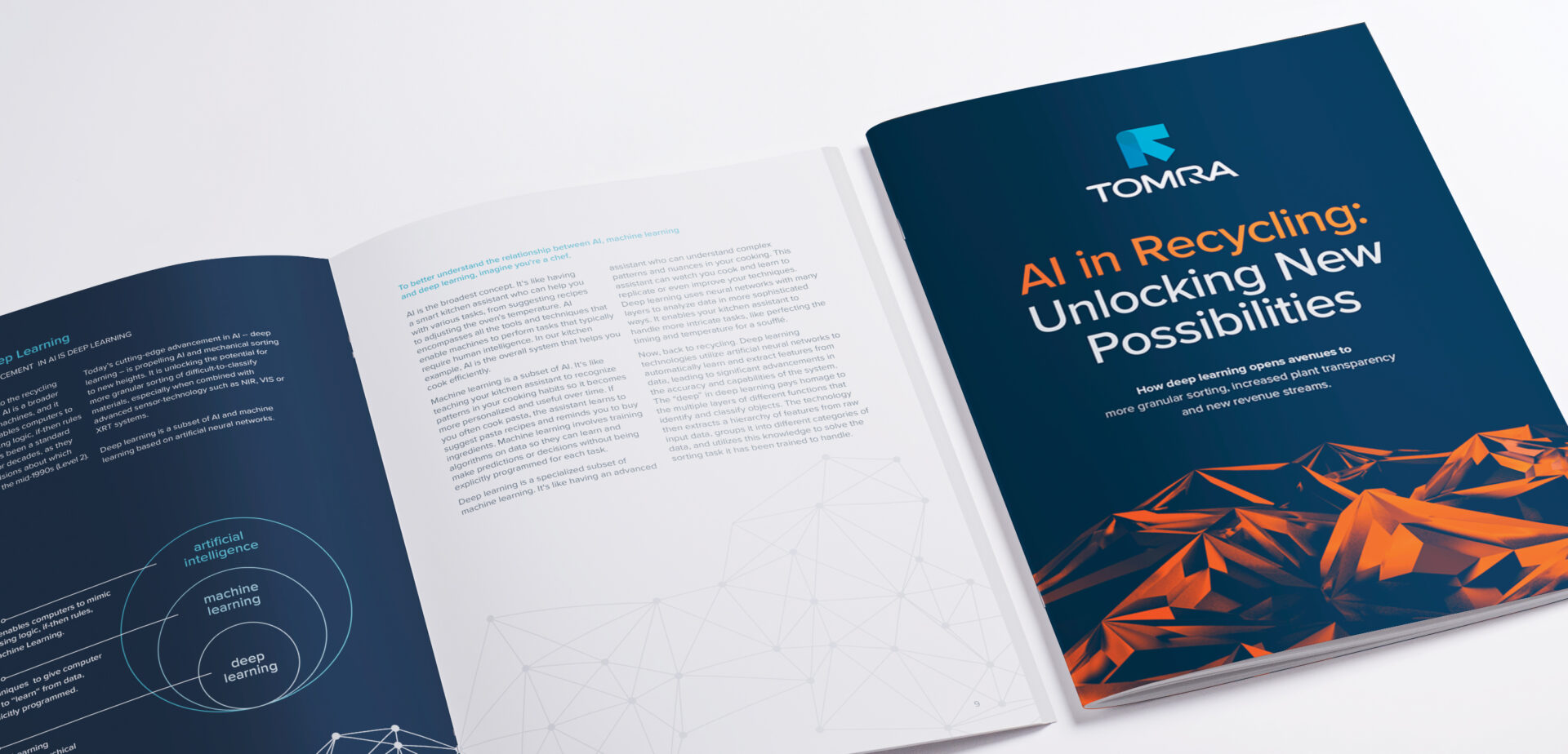 Open and closed views of Tomra’s eBook on AI in recycling, placed on a white background.