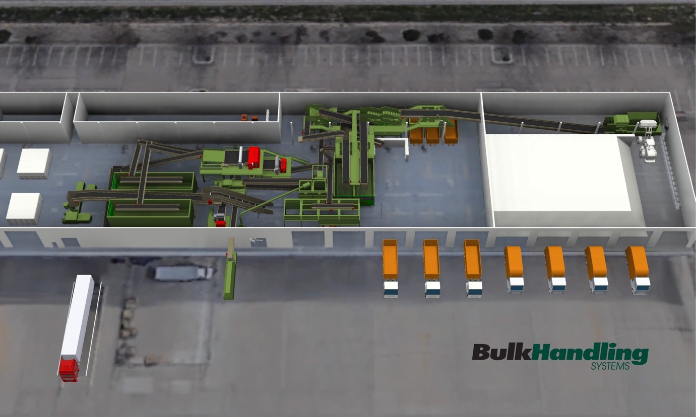 A digital rendering shows the layout of the planned Bulk Handling Systems recycling facility in Grand Junction, Colorado, with conveyors, sorting equipment, and collection trucks.