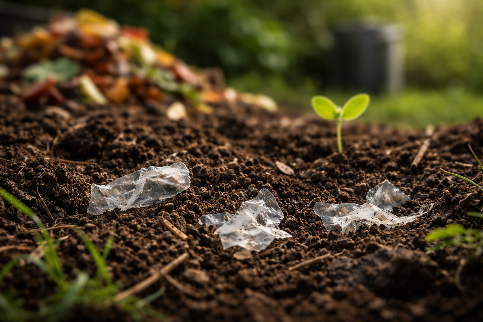 Compostable plastic fragments in the soil