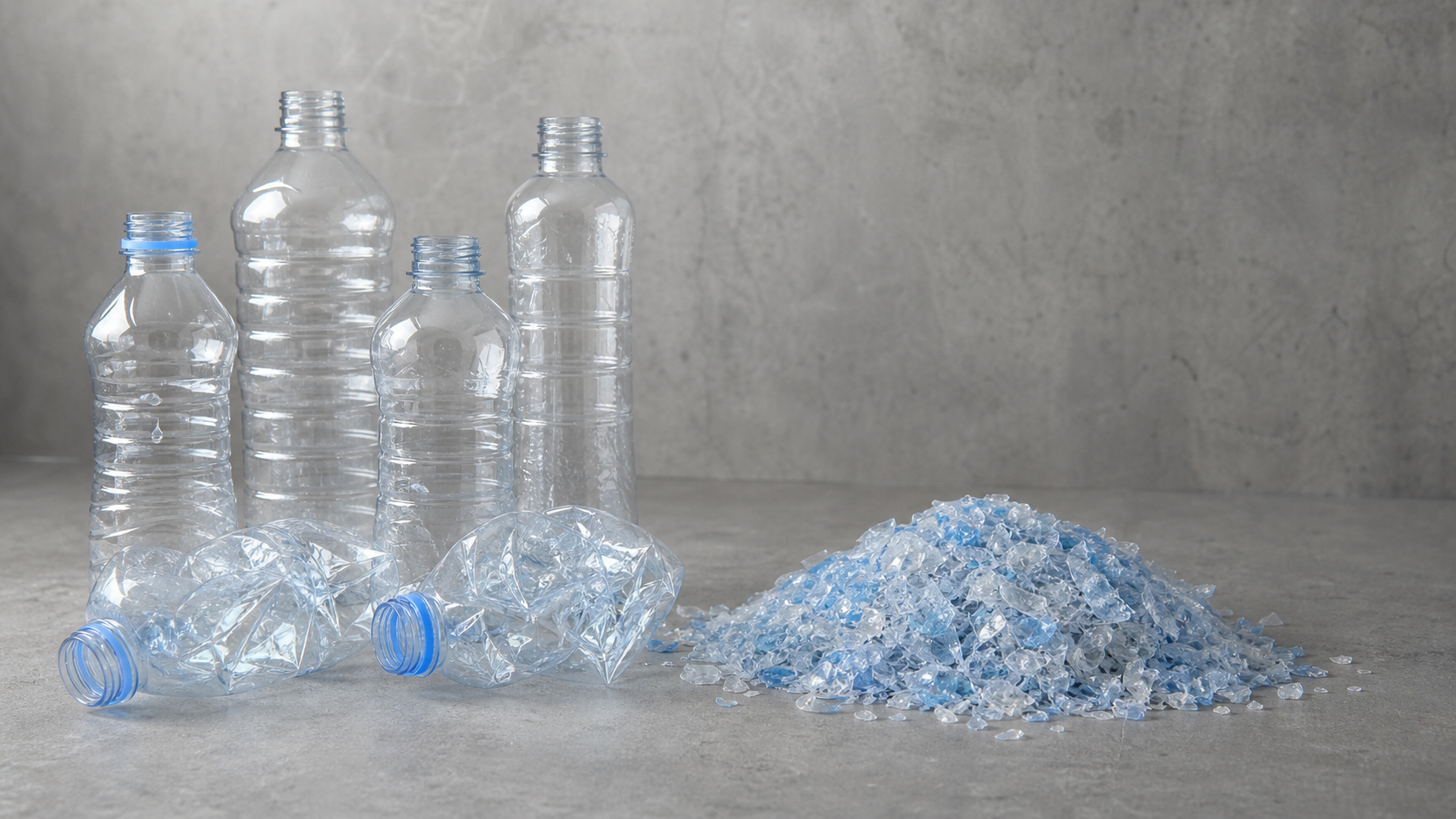 Clear PET plastic bottles and recycled PET flakes on a grey industrial surface
