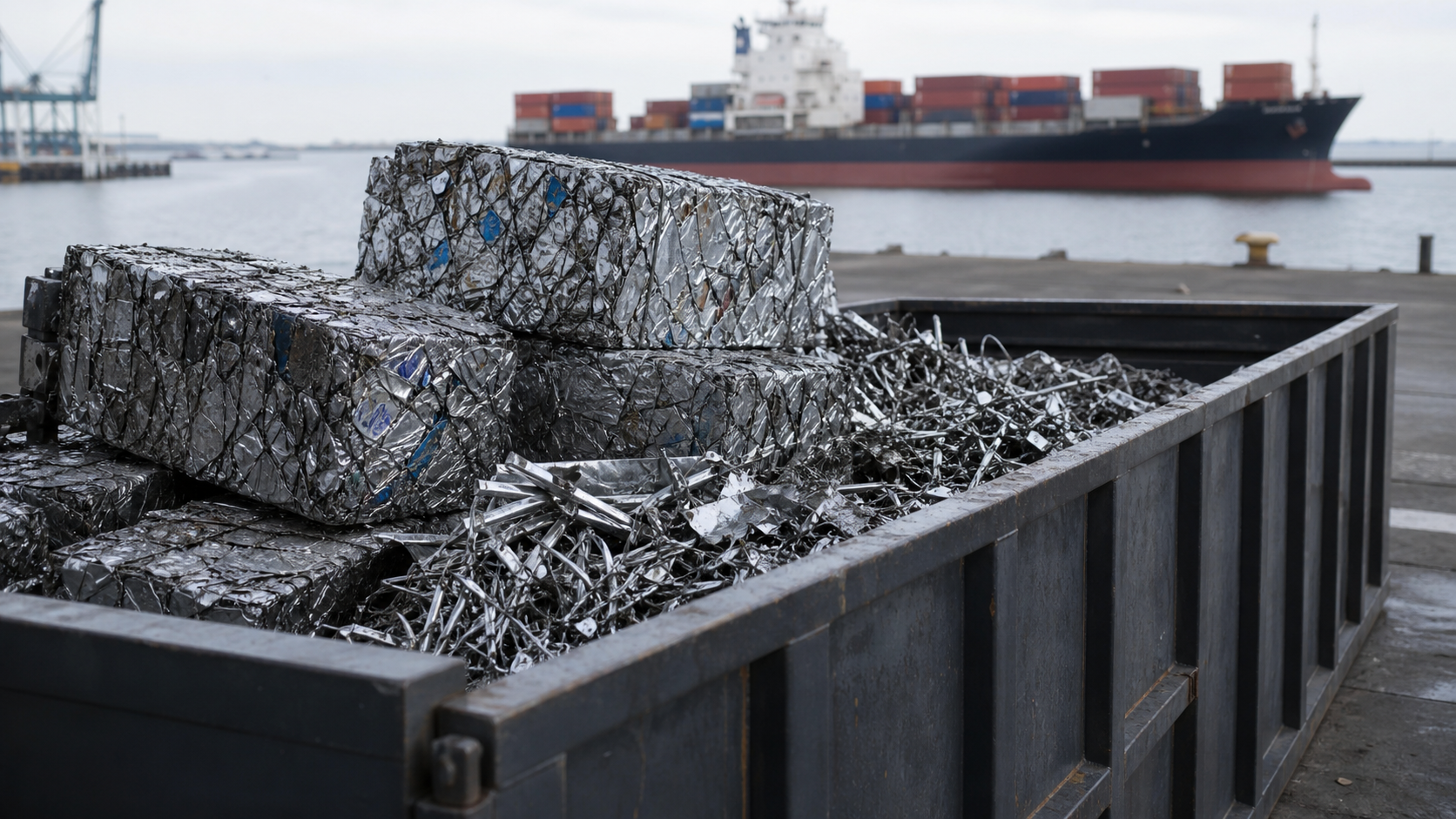 An open industrial container filled with aluminium scrap on a harbor quay, with a container ship visible in the blurred background.
