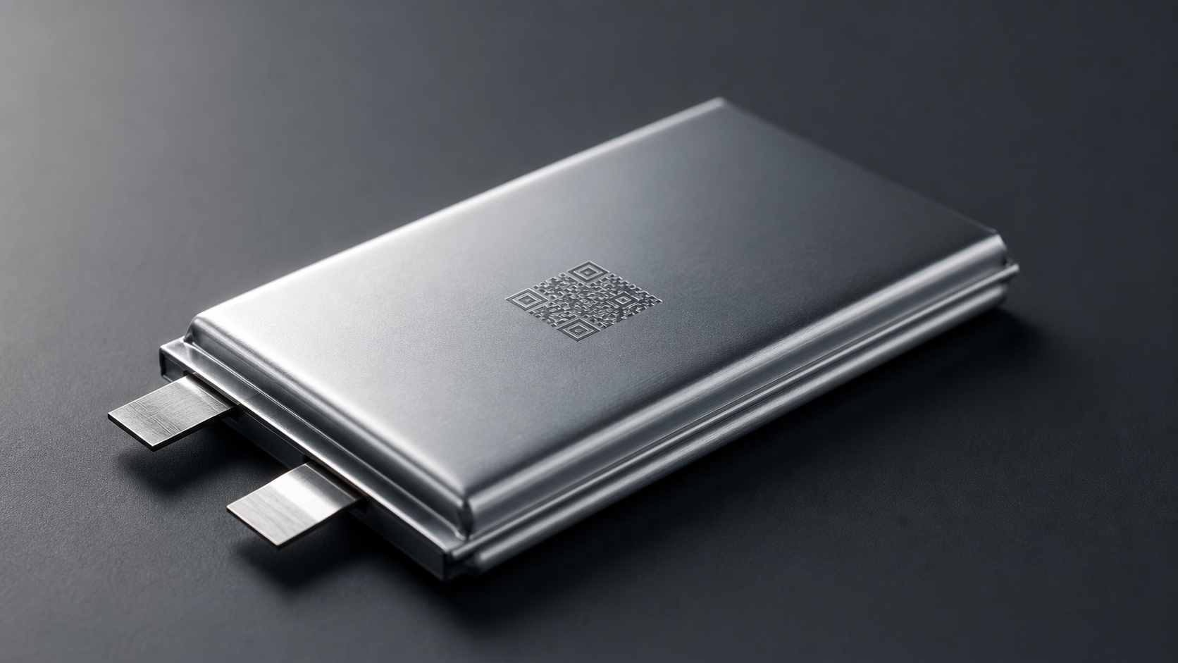 Close-up of a polished metallic component with an engraved QR code on a dark background, symbolizing the digital product passport.