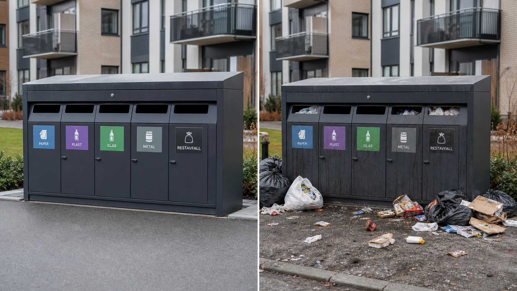 Two identical waste disposal stations in a residential courtyard side by side: the left one clean and tidy, the right one surrounded by scattered rubbish and litter.